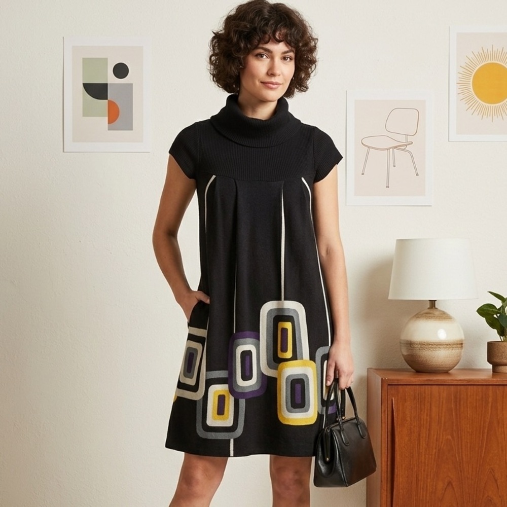 Hypnotic Mod Retro Geo Knit Tunic Dress Cowl Neck A-Line Mini Black S